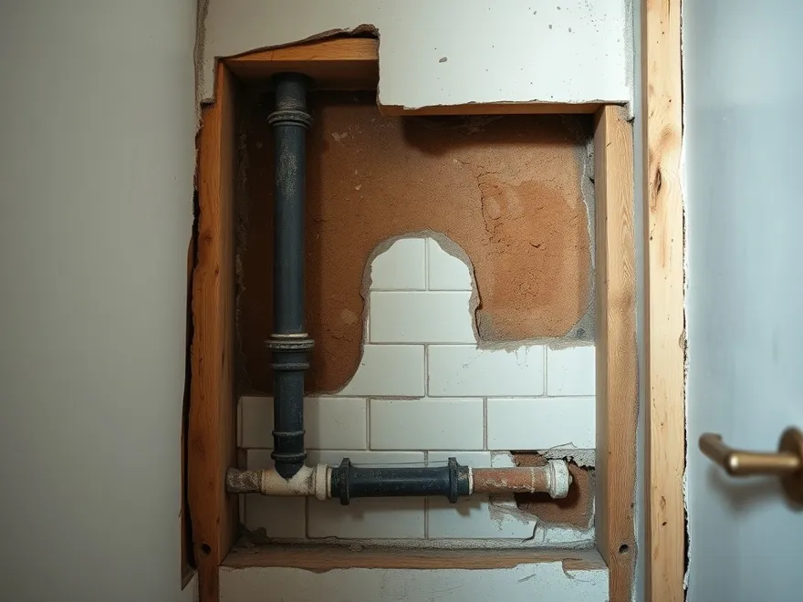 Open bathroom wall cavity showing old supply pipes and a cast iron drain stack between studs