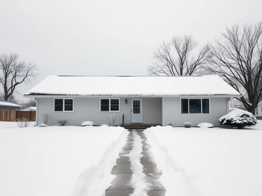 Mid-century single storey house in a mid-Michigan winter with snow on the roof
