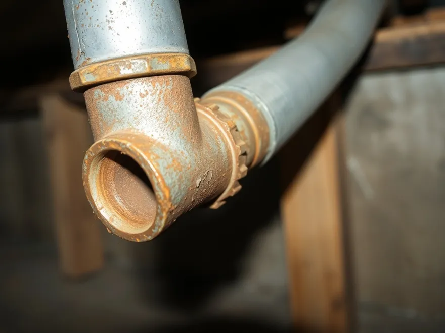 Threaded steel pipe joint with rust staining, typical of original galvanized supply plumbing